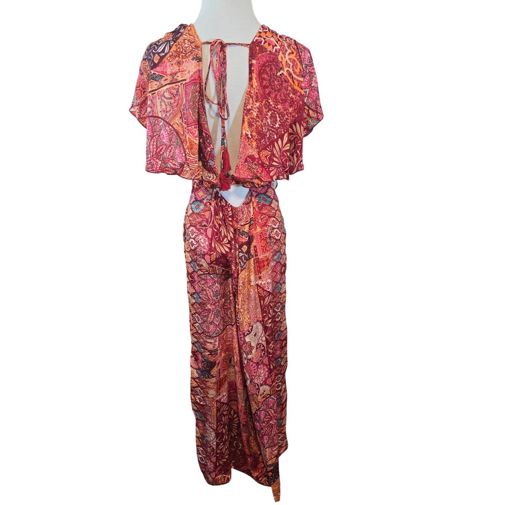 White Waves Boho Mixed Print Wide Leg Jumpsuit Open Back Tassel Burgundy S/M - Picture 4 of 15